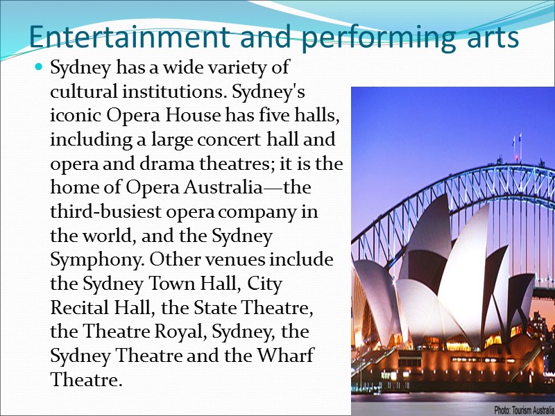Entertainment and performing arts Sydney has a wide variety of cultural institutions. Sydney's iconic